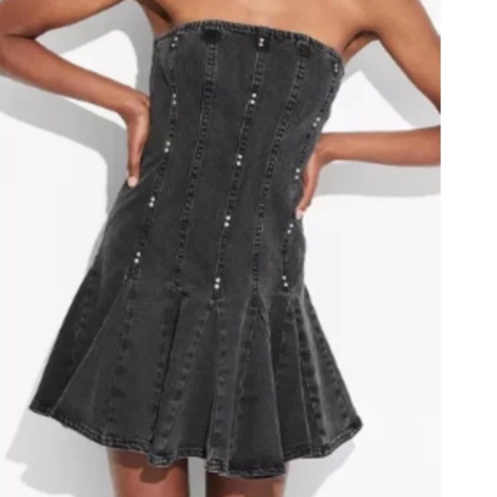Wild Fable Black Denim Strapless Corset Zip Front Skater Mini Dress XL NWT